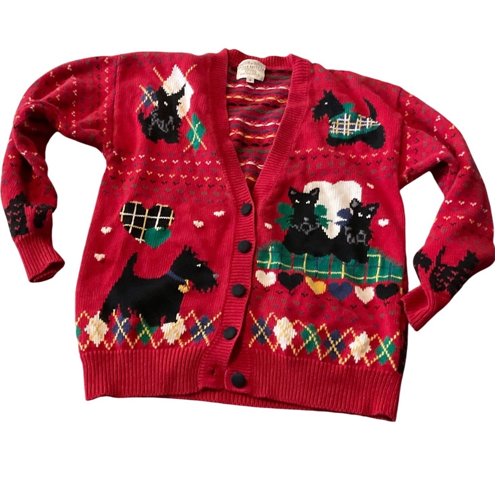 Susan Bristol Red Scottish Terrier Argyle Knit Cardigan vintage Small 1992